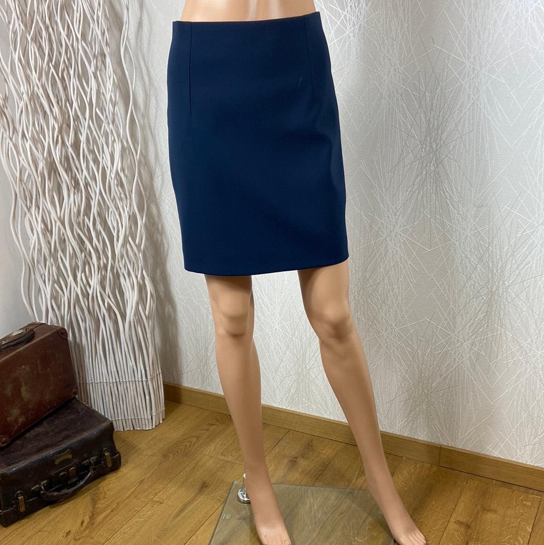 Jupe courte de créateur taille haute coupe droite bleu marine Tabala Paris - Offre-Unique