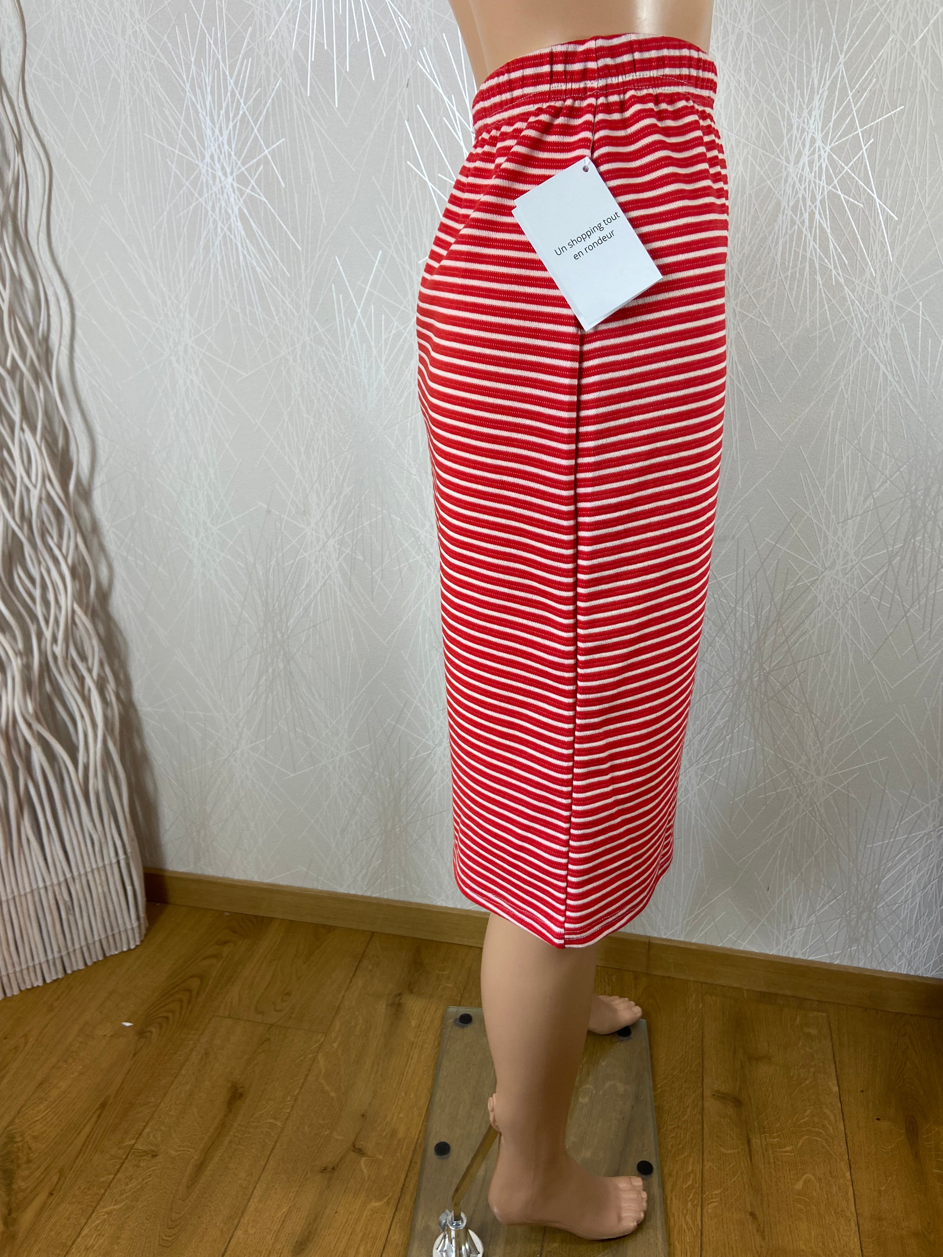 Jupe midi coton rouge rayures blanches taille haute élastique coupe droite Edmond Boublil