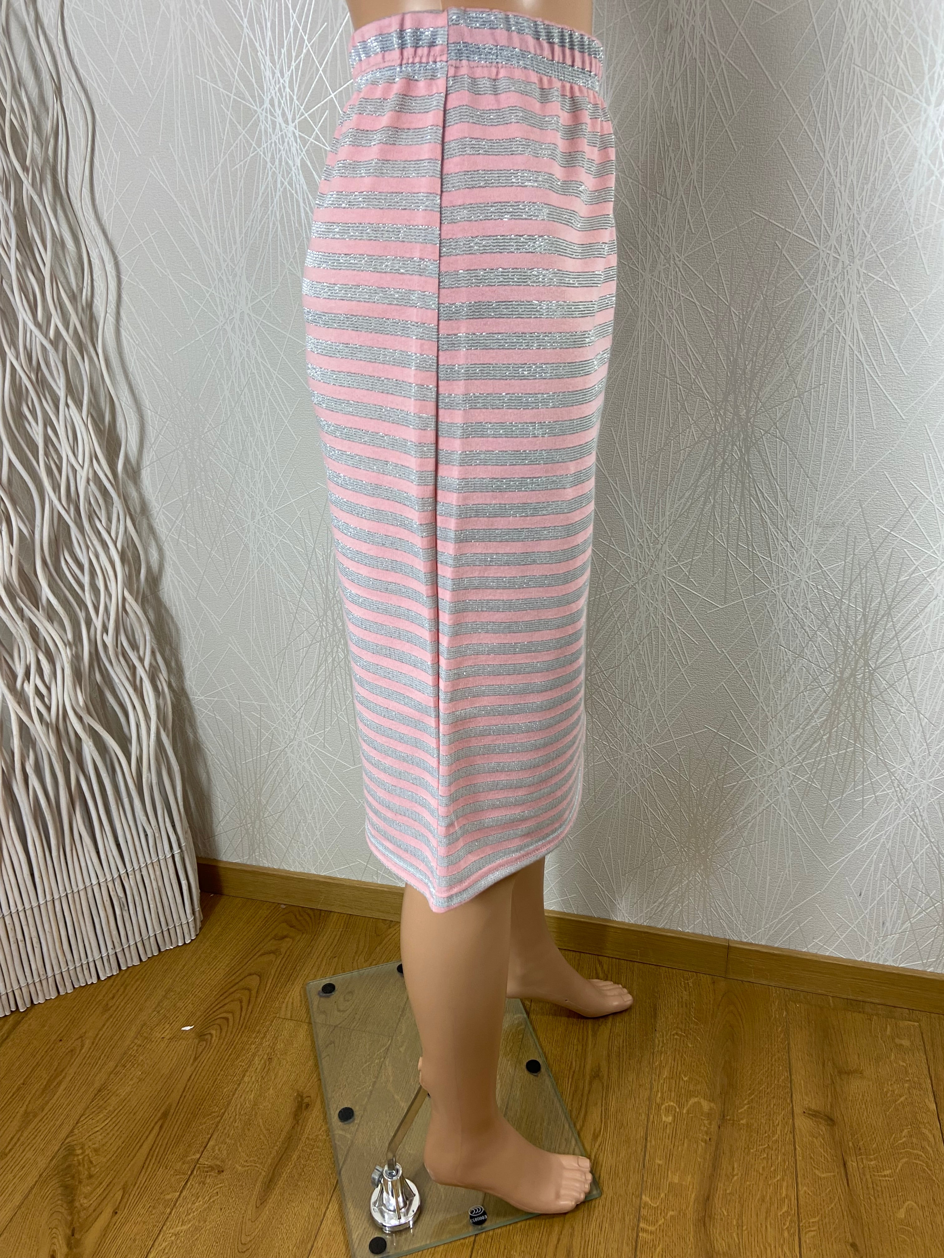 Jupe grande taille coton rose rayée gris argenté taille haute élastique Edmond Boublil