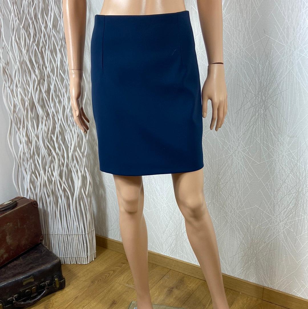 Jupe courte de créateur taille haute coupe droite bleu marine Tabala Paris - Offre-Unique