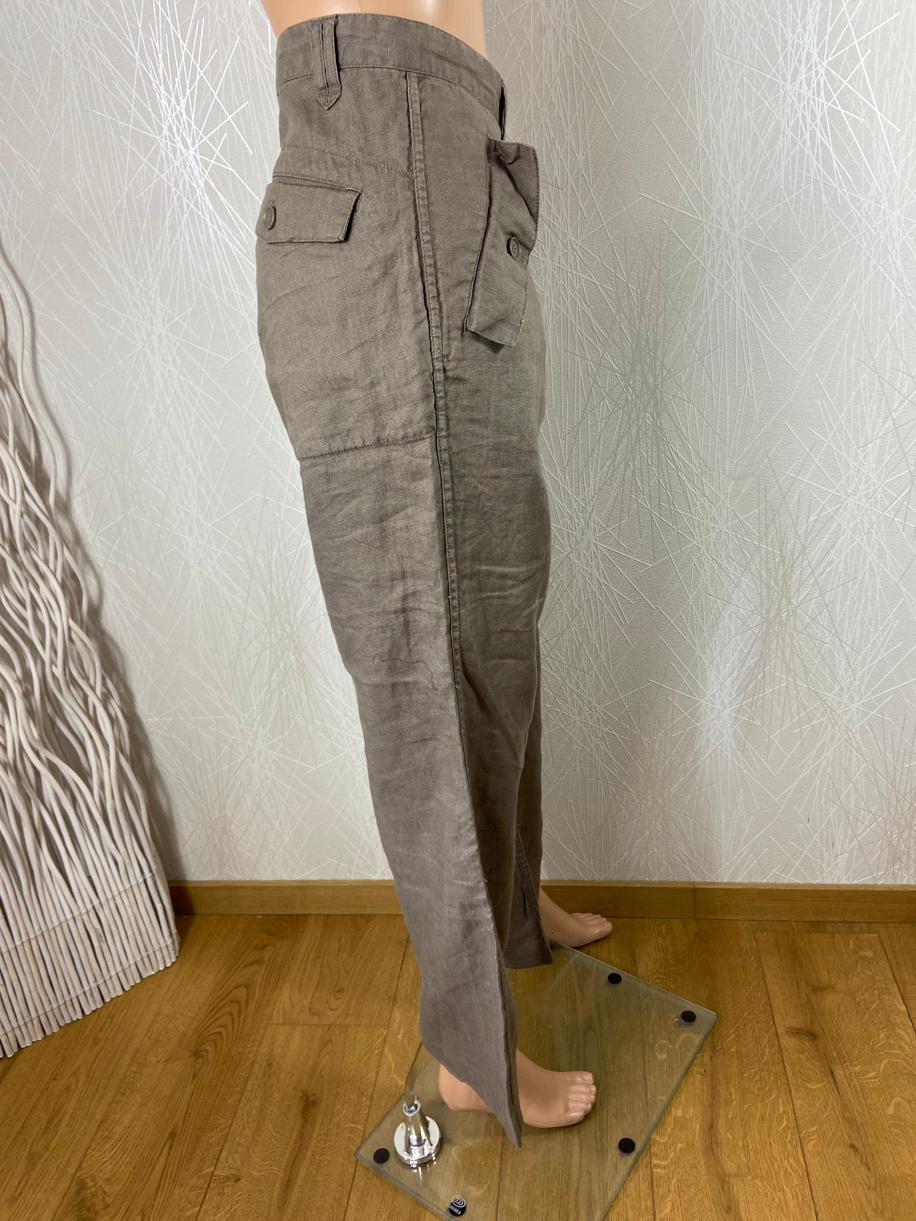 Pantalon en lin marron large taille mi-haute H&M