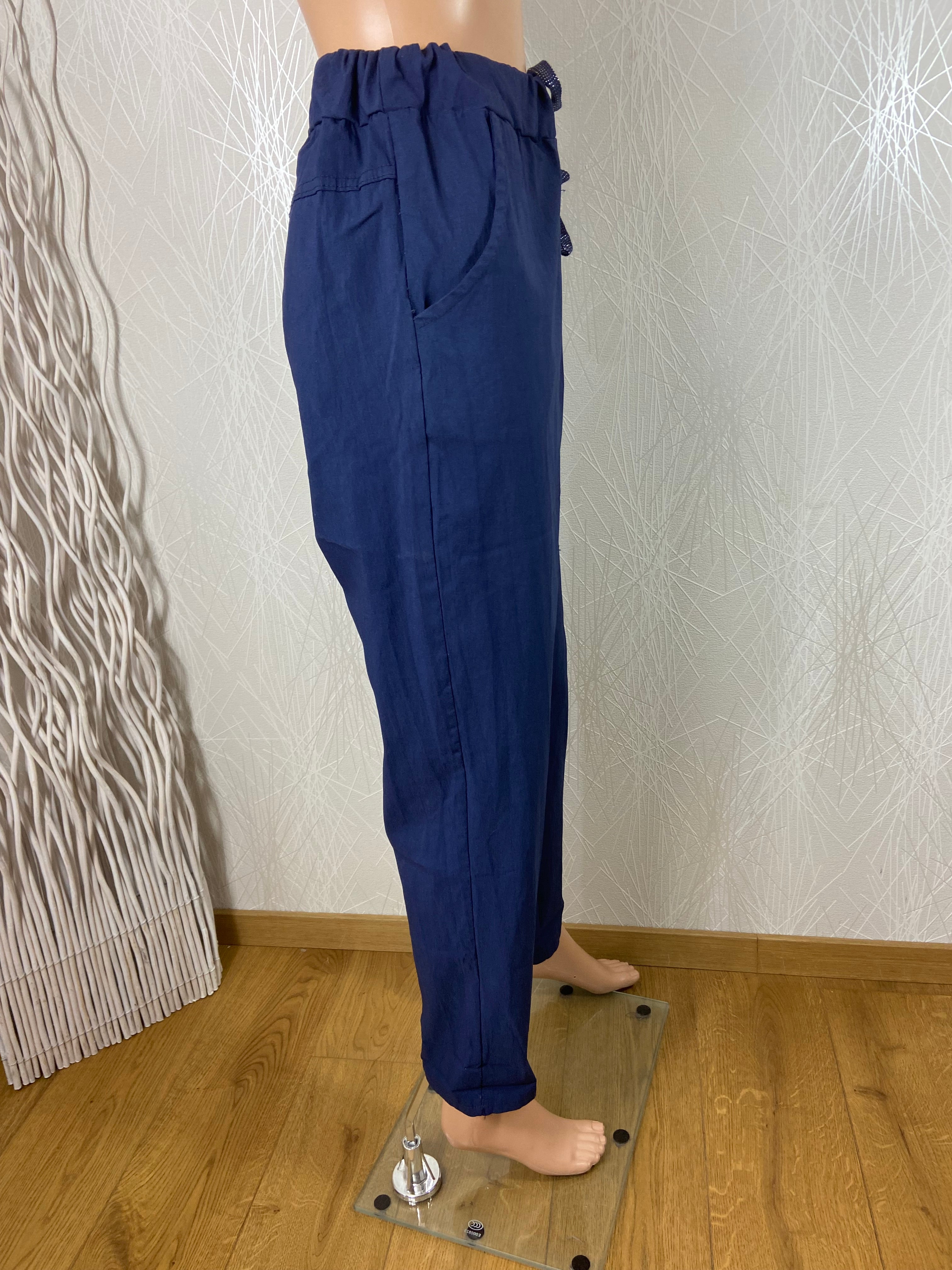 Pantalon bleu taille haute élastique avec cordon New Collection