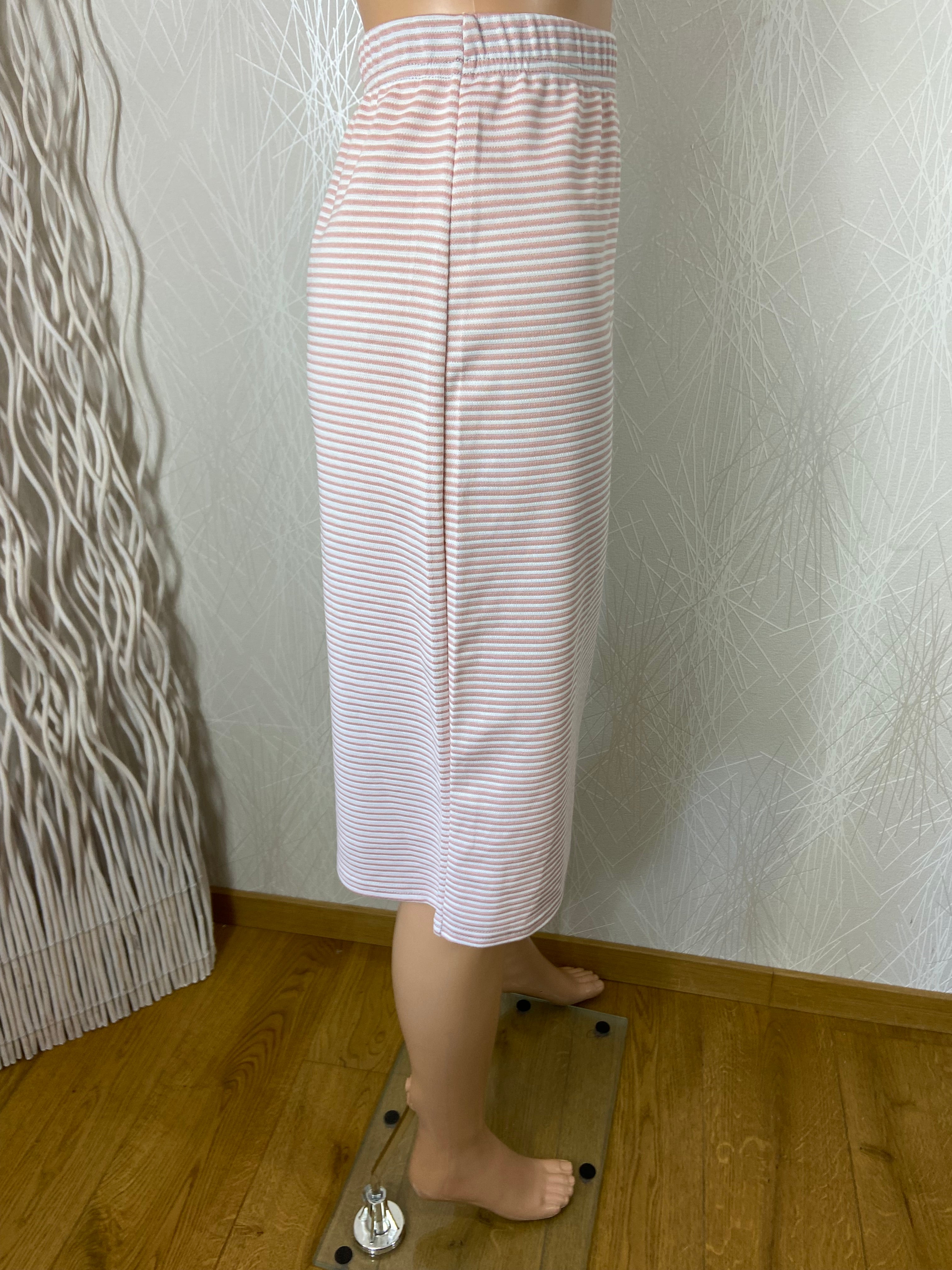 Jupe midi rose pâle fines rayures beige taille haute élastique coupe droite Edmond Boublil