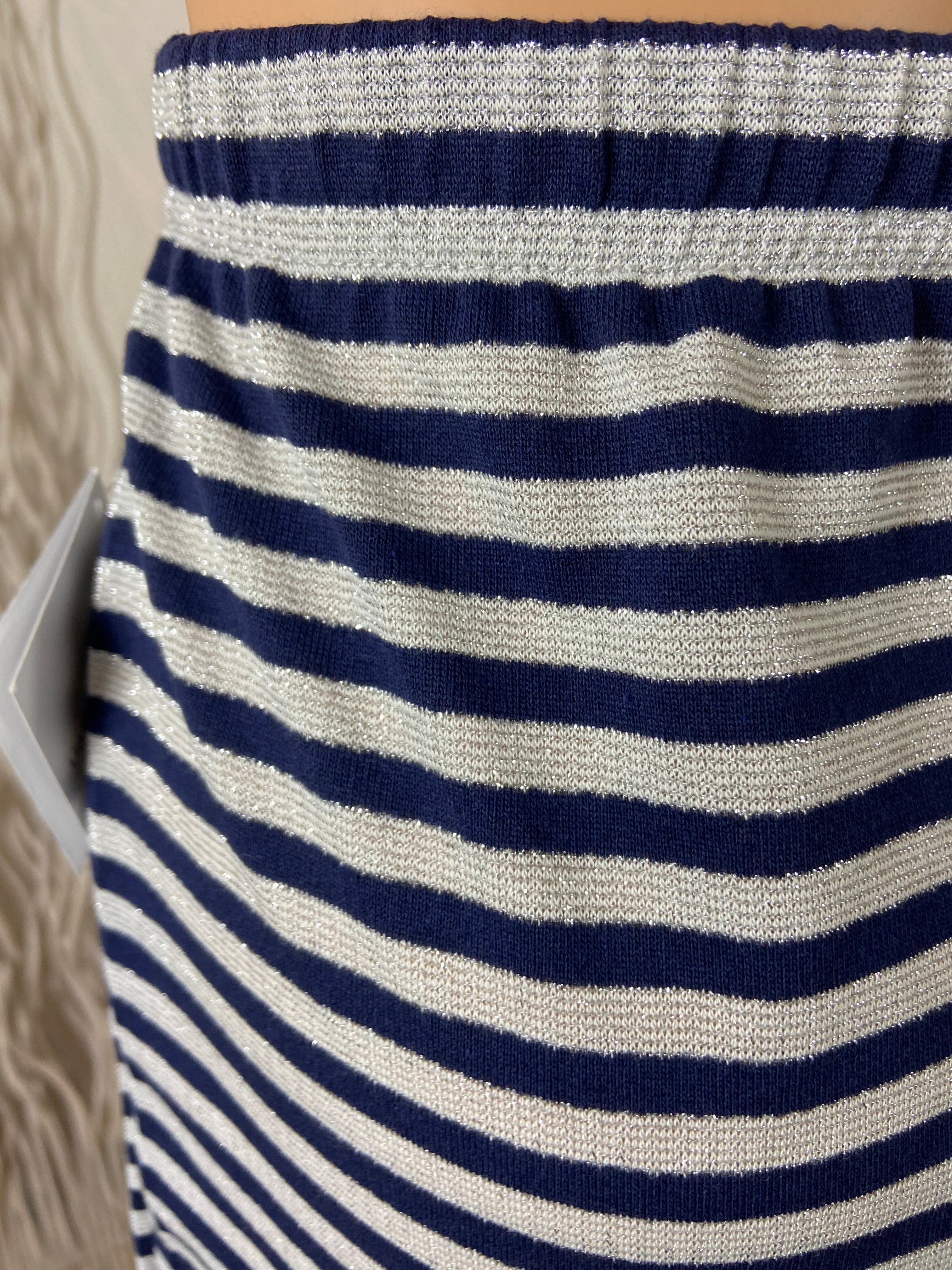 Jupe midi coton gris argenté rayures bleu marine taille haute élastique Edmond Boublil