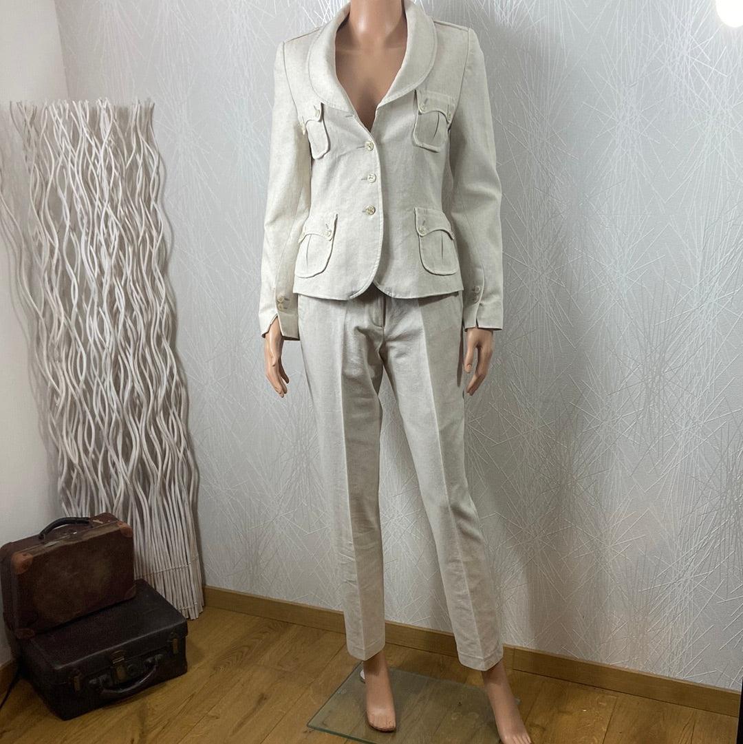Ensemble tailleur pantalon beige pour femme de créateur Tabala Paris - Offre-Unique