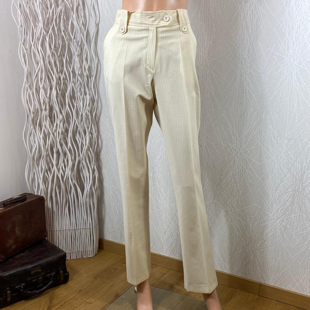 Pantalon habillé femme tons beige taille haute coupe droite du créateur Tabala Paris - Offre-Unique