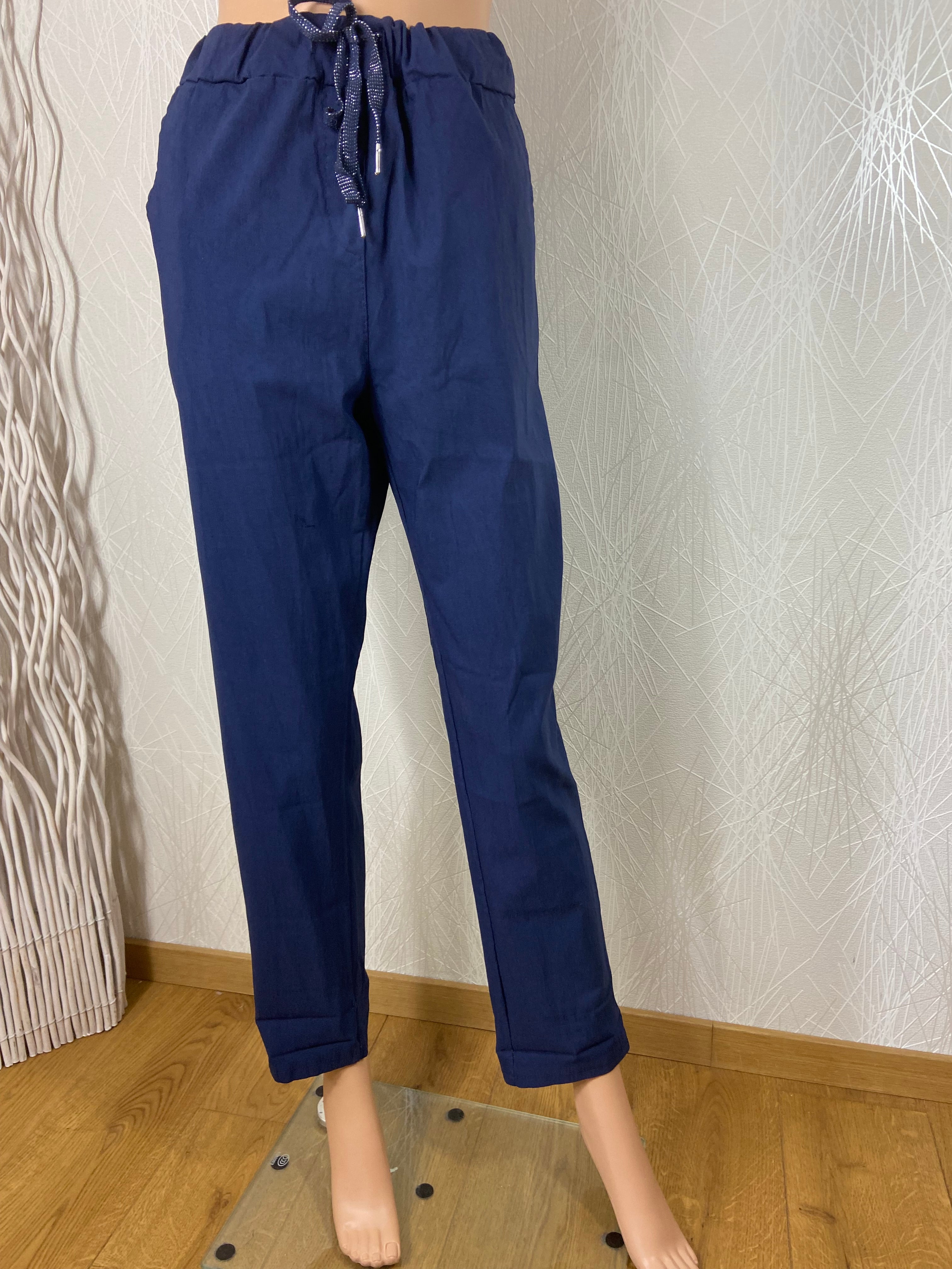 Pantalon bleu taille haute élastique avec cordon New Collection