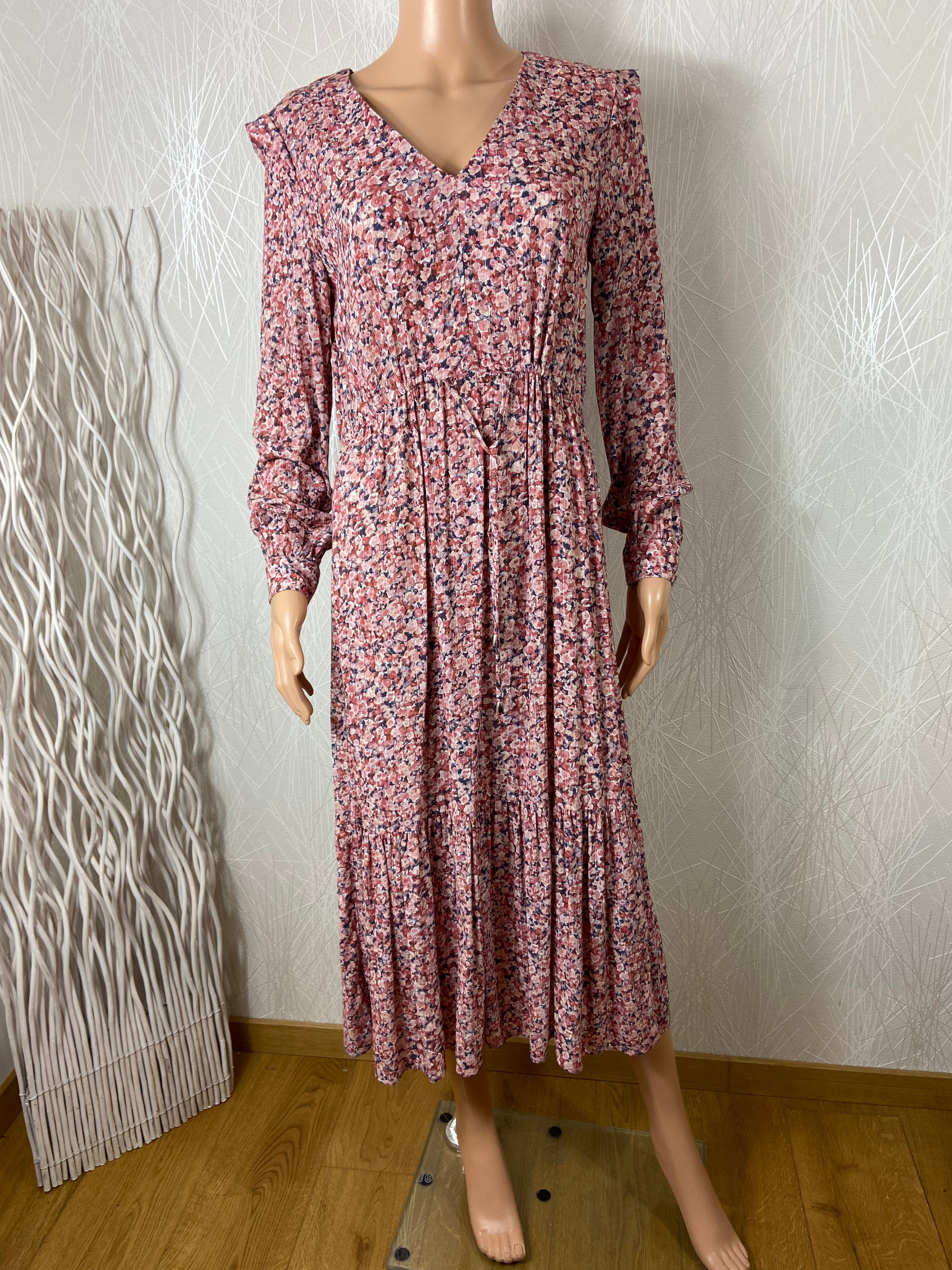 Robe longue rose fleurie col V volants manches longues C'est Beau la Vie