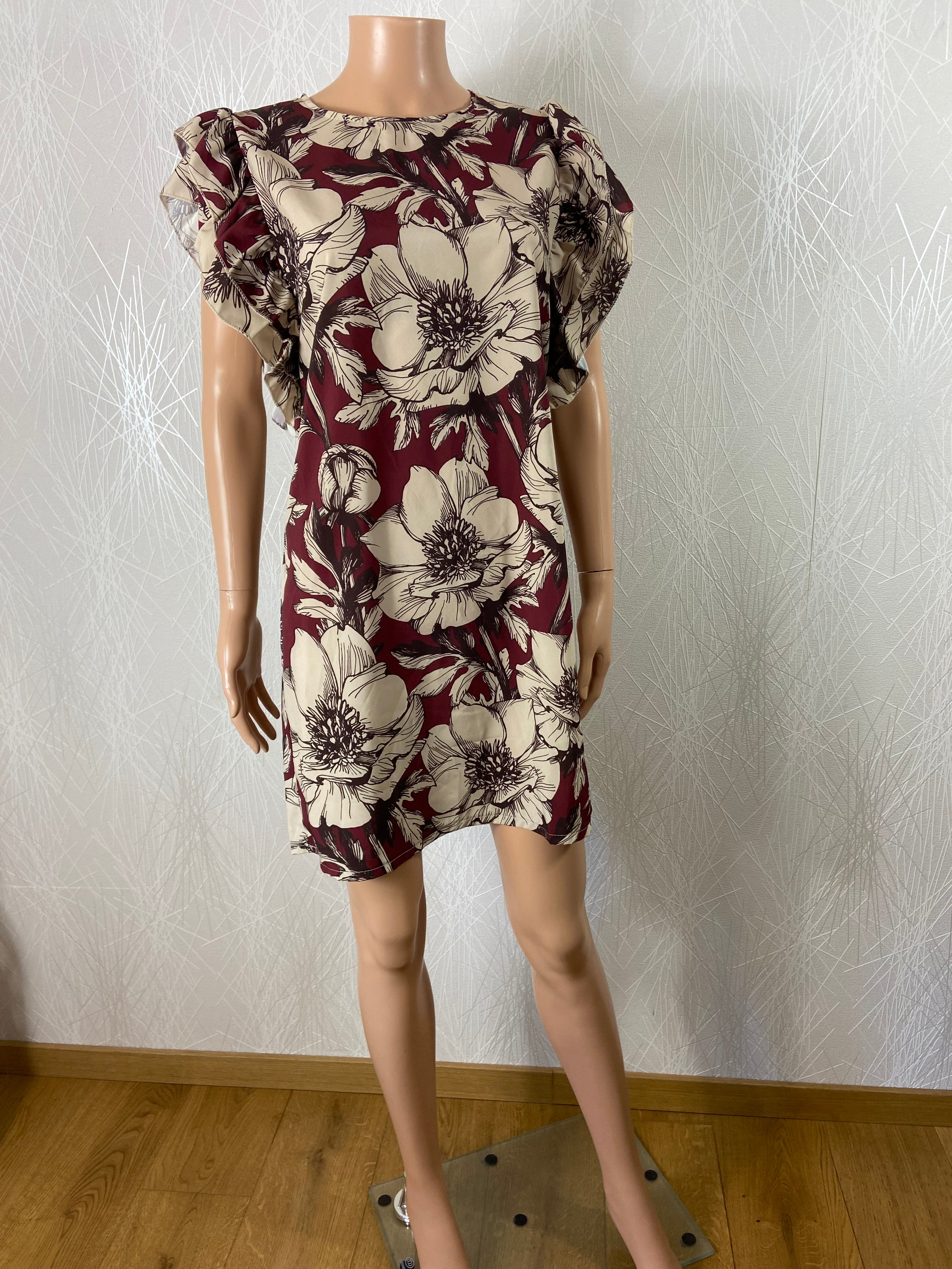 Robe bordeaux à motif fleurs manches courtes volants Sense - Offre-Unique