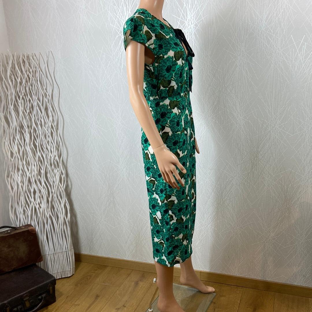 Robe midi verte soie manches courtes fleurs flot vintage Trinket Dress Traffic People - Offre-Unique