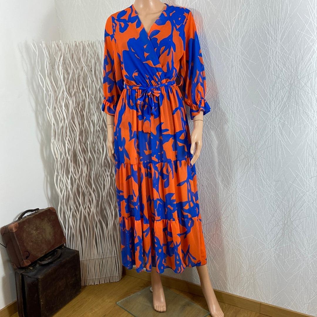 Robe longue bleue et orange manches longues New Collection - Offre-Unique