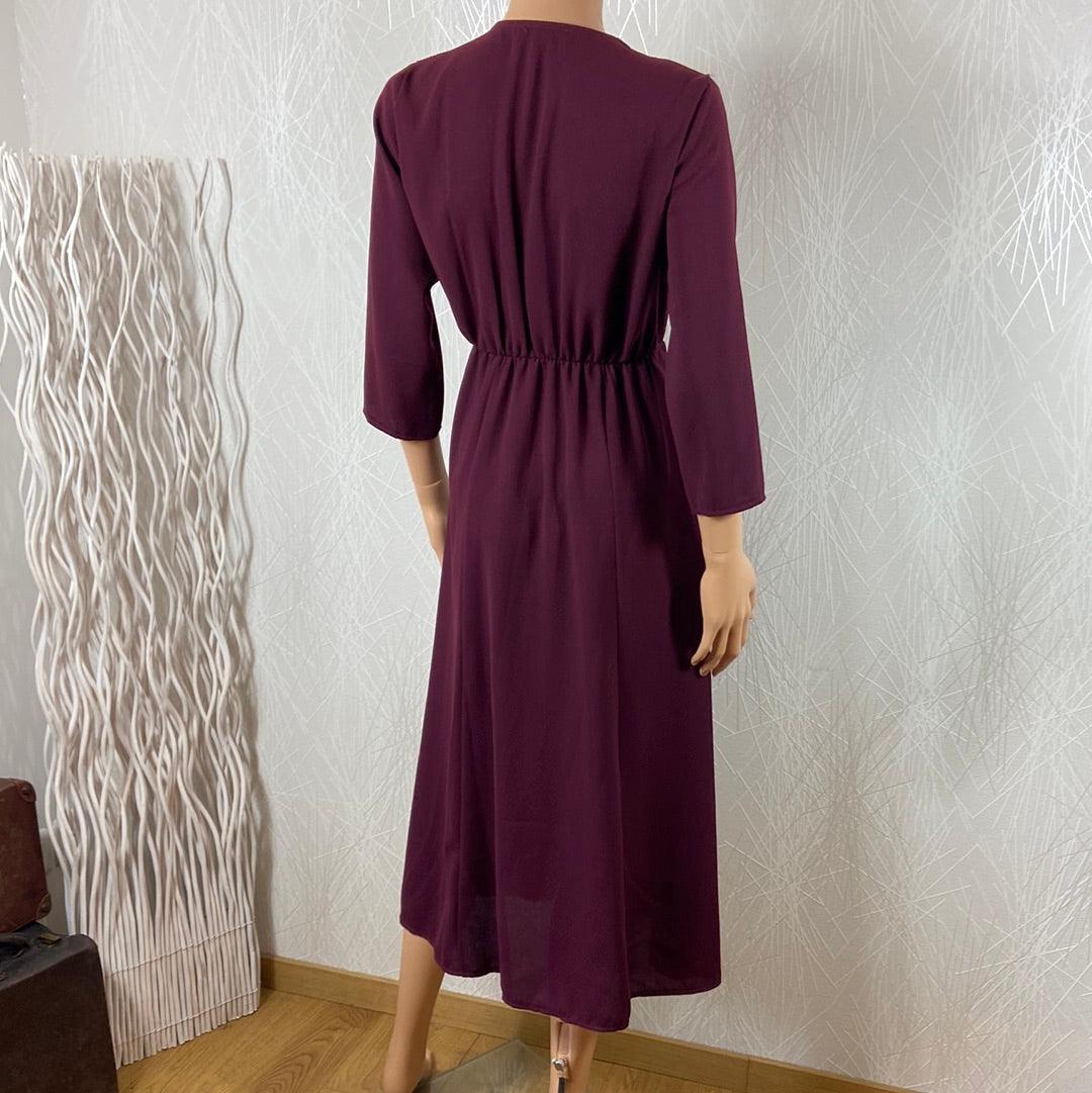 Robe midi rouge bordeaux uni manches 3/4 cache coeur taille élastique Les Petites Fleurs - Offre-Unique