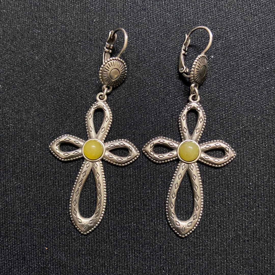 Boucles d’oreilles dormeuses pendantes plaqué argent pierre jaune Shabada