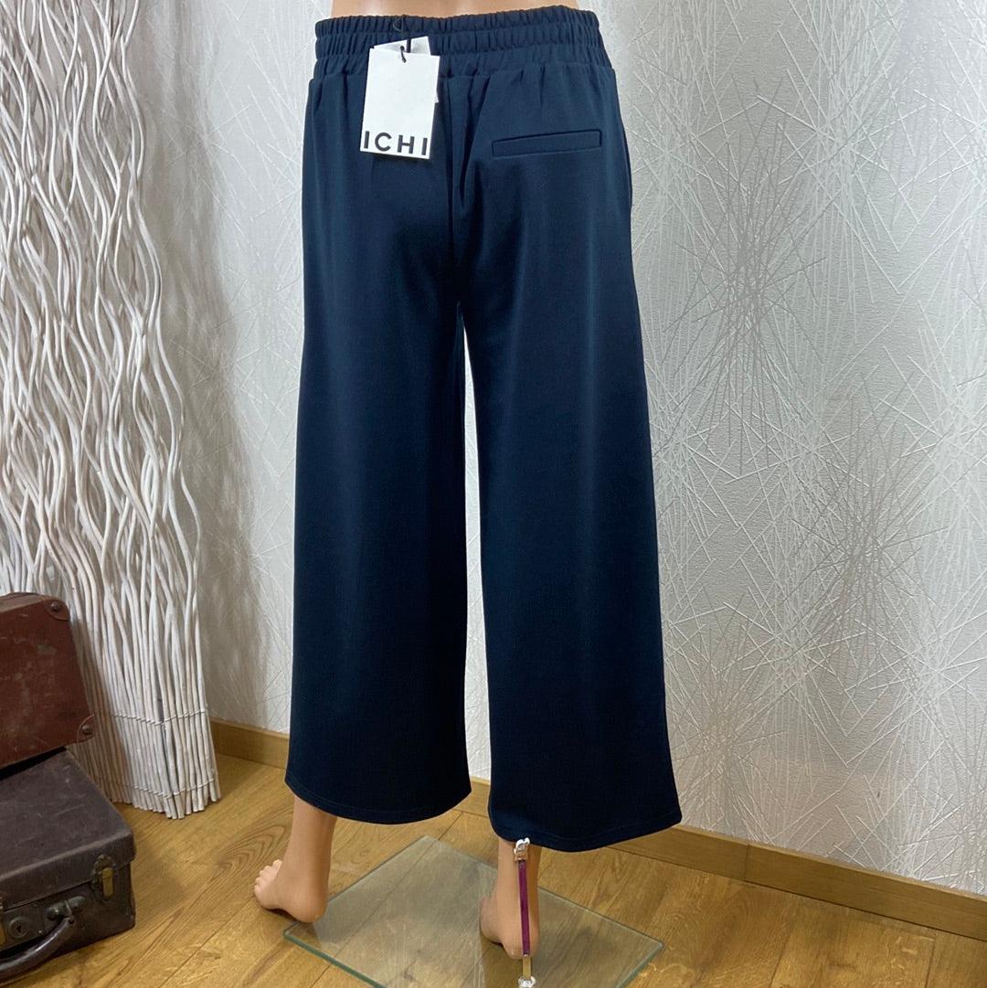 Pantalon ample évasé 7/8 bleu marine taille haute élastique Ihkate Wide Ichi - Offre-Unique