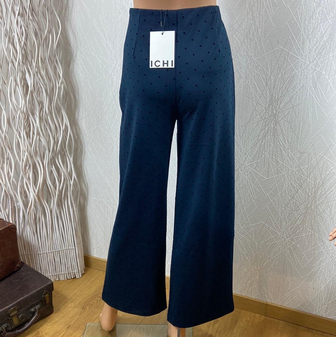 Pantalon bleu petits pois taille haute élastique coupe ample jambes larges Ihkate Pa17 Ichi - Offre-Unique