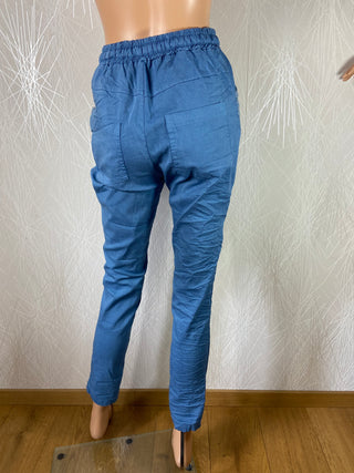 Pantalon bleu taille haute élastique avec cordon sequins Made In Italy