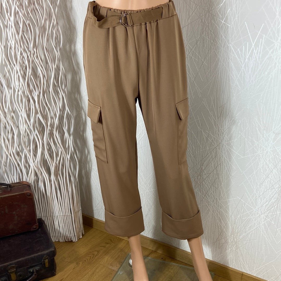 Pantalon femme brun camel 7/8 taille haute élastique coupe droite Johanna