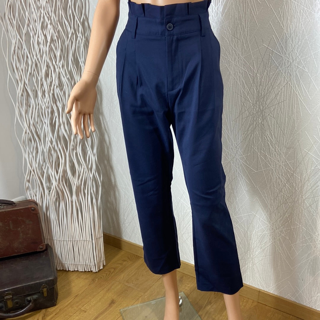 Pantalon femme 7/8 bleu marine taille haute jeu de plis Anna Ellis - Offre-Unique