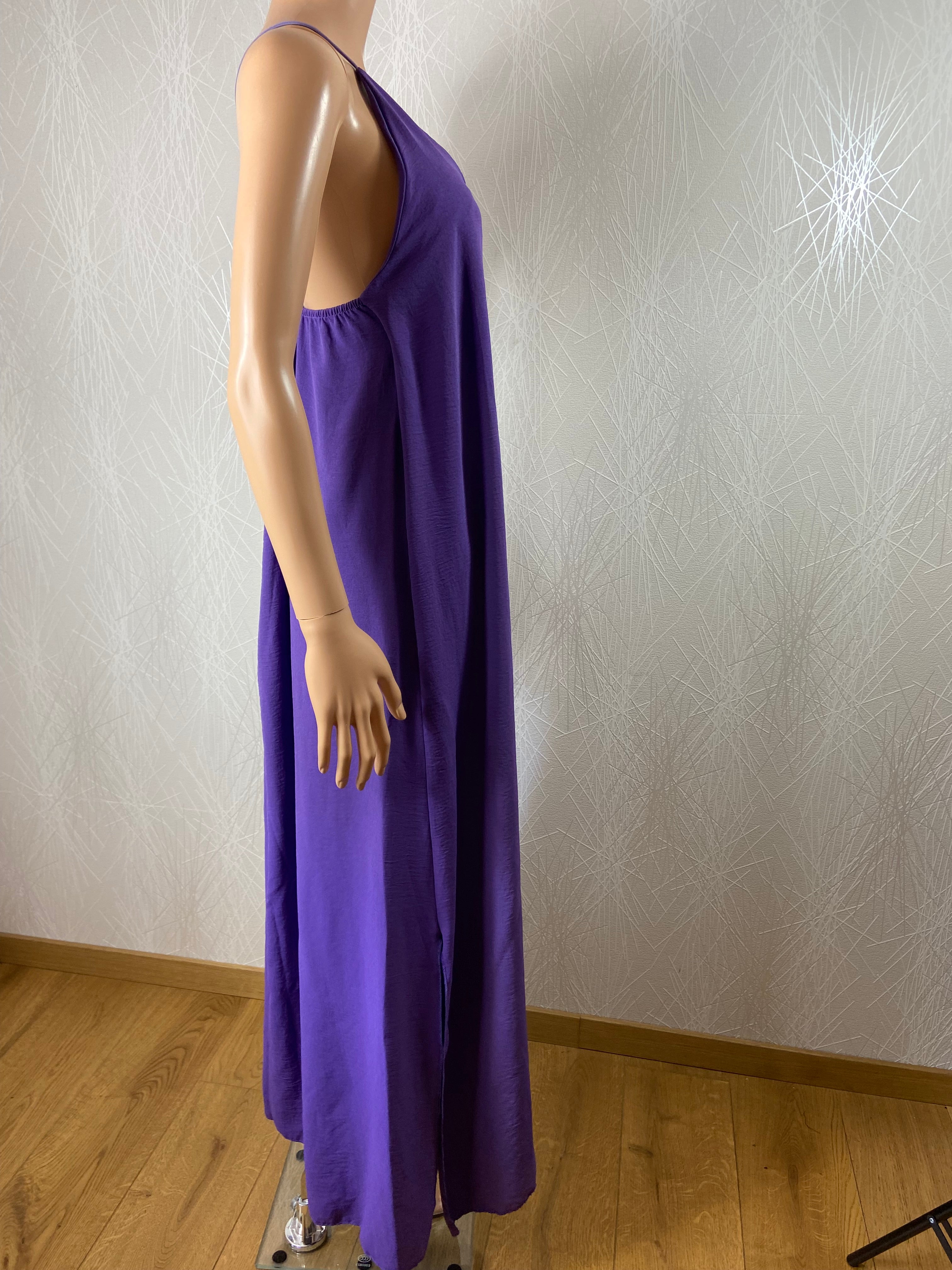 Robe longue fendue mauve violet bretelles croisées dos nu - Offre-Unique