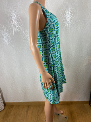 Robe doublée verte sans manches dos nu motifs vintage 60's Surkana