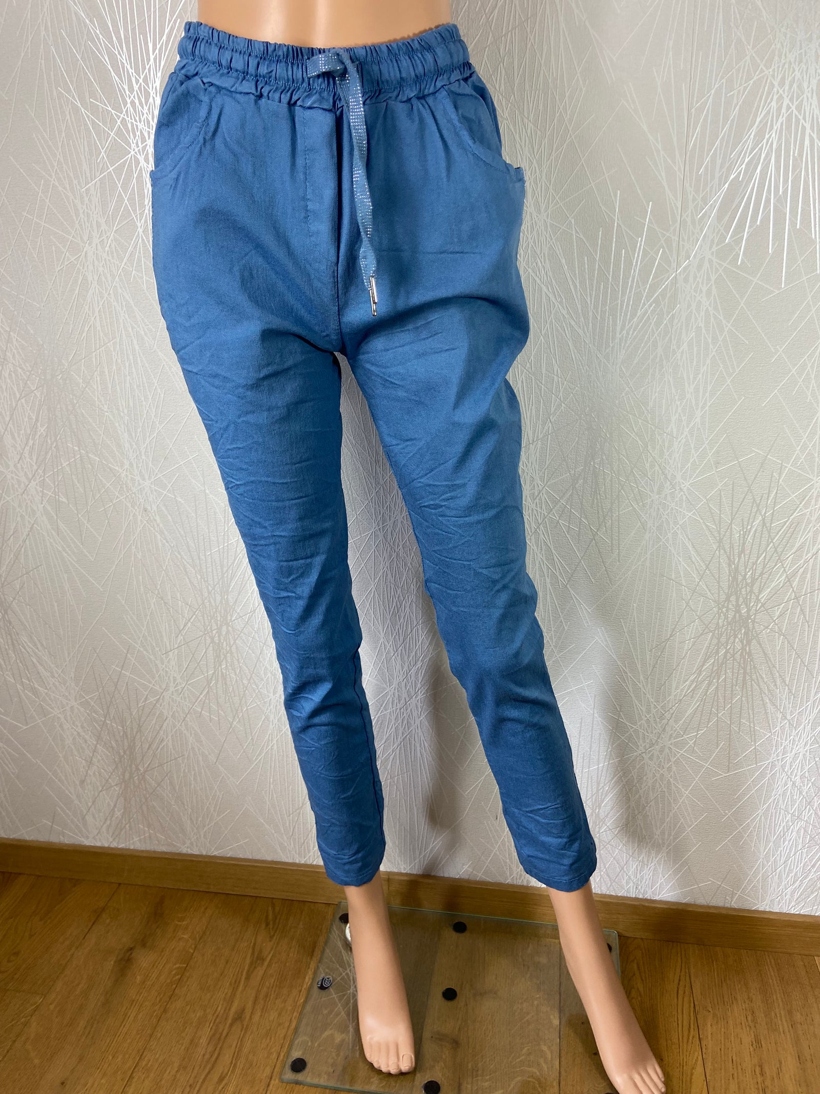 Pantalon bleu taille haute élastique avec cordon sequins Made In Italy