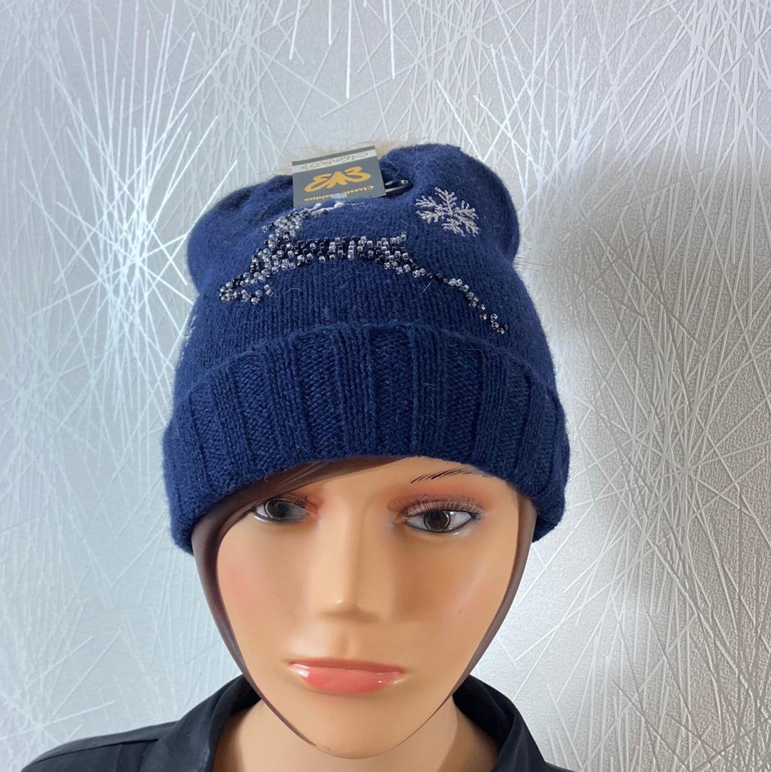 Bonnet chaud tricot laine bleu marine avec perles et pompon - Offre-Unique