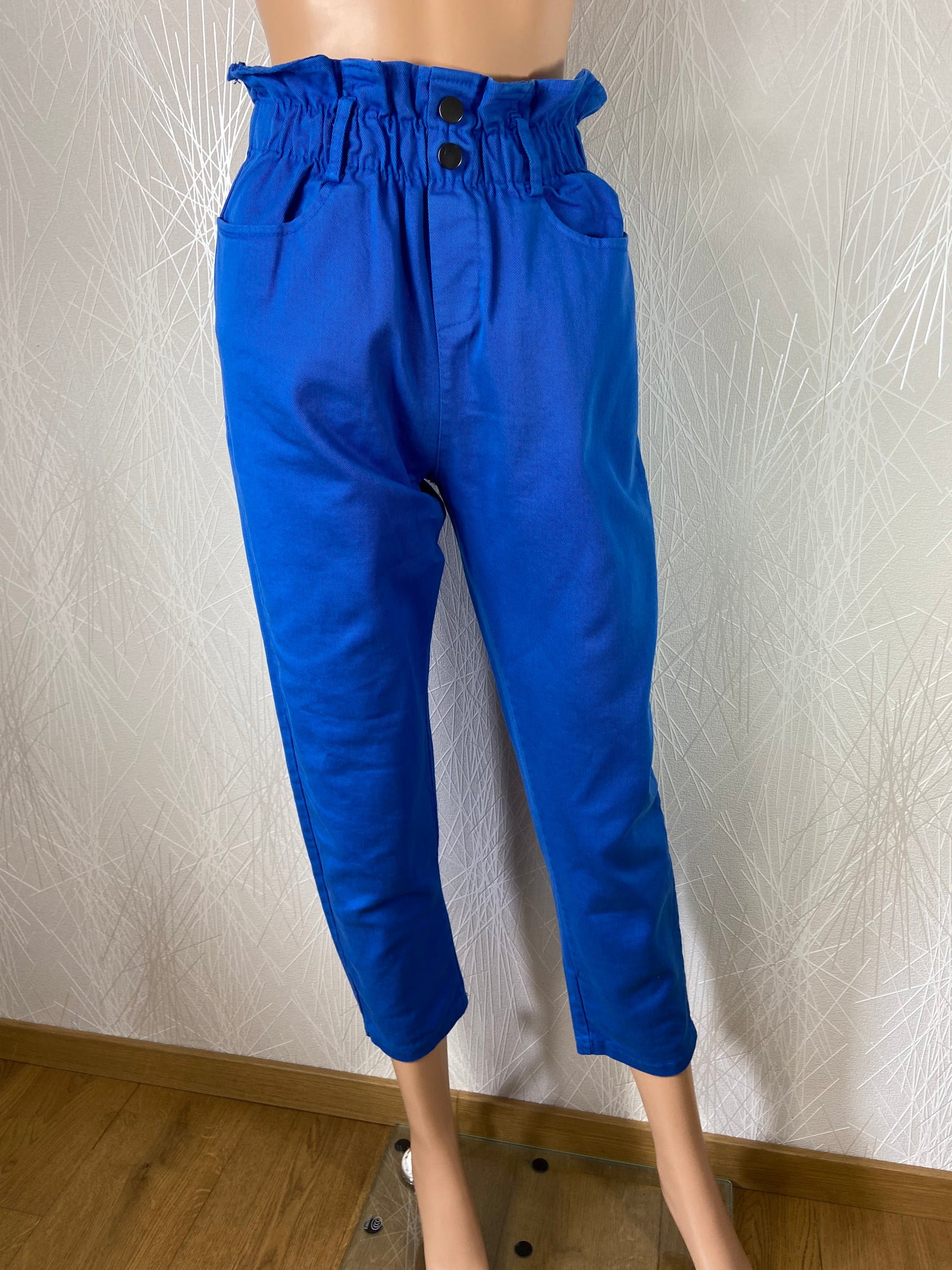 Pantalon bleu en coton taille haute élastique Terra Di Siena