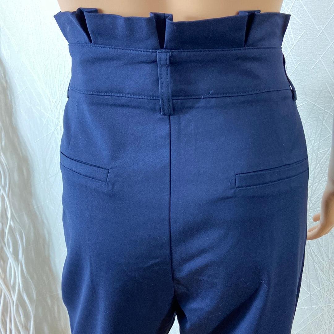 Pantalon femme 7/8 bleu marine taille haute jeu de plis Anna Ellis - Offre-Unique