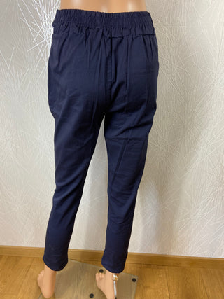 Pantalon coton léger bleu marine taille mi-haute élastique flot Made In Italy