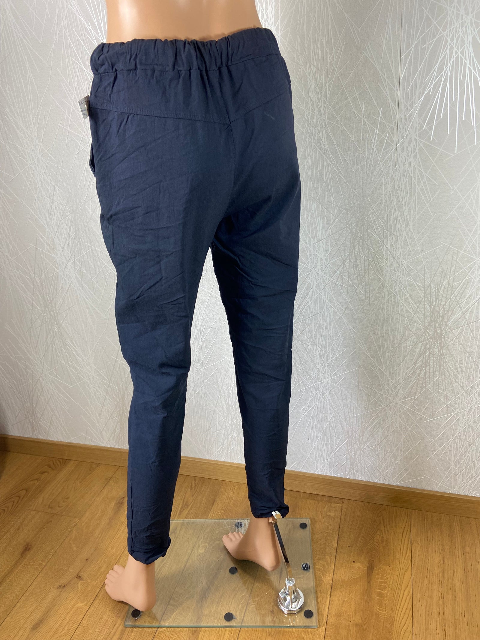 Pantalon bleu marine taille haute élastique cordon Made In Italy