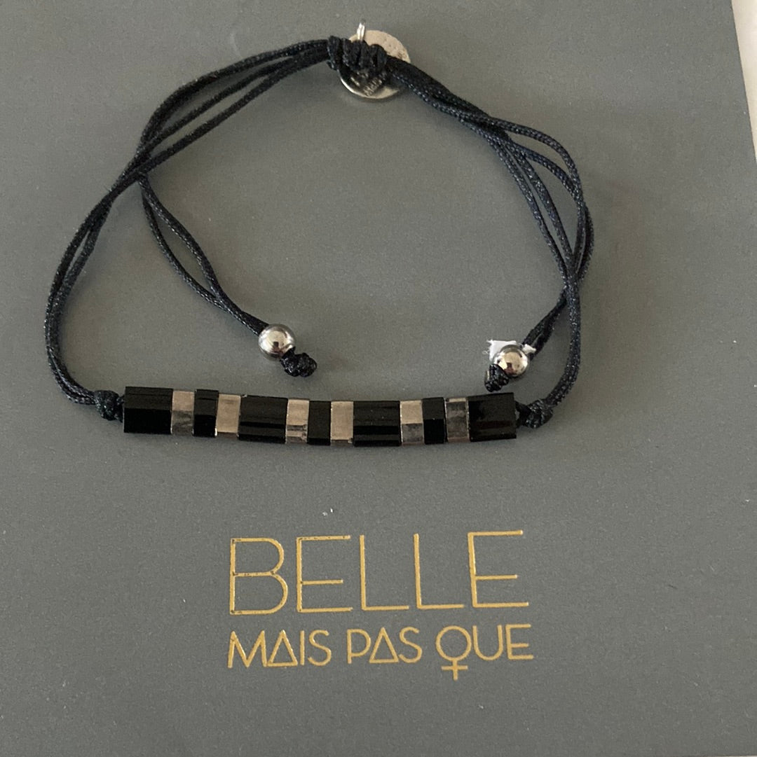 Bracelet ajustable perles Miyuki noires et argentée Belle Mais Pas Que