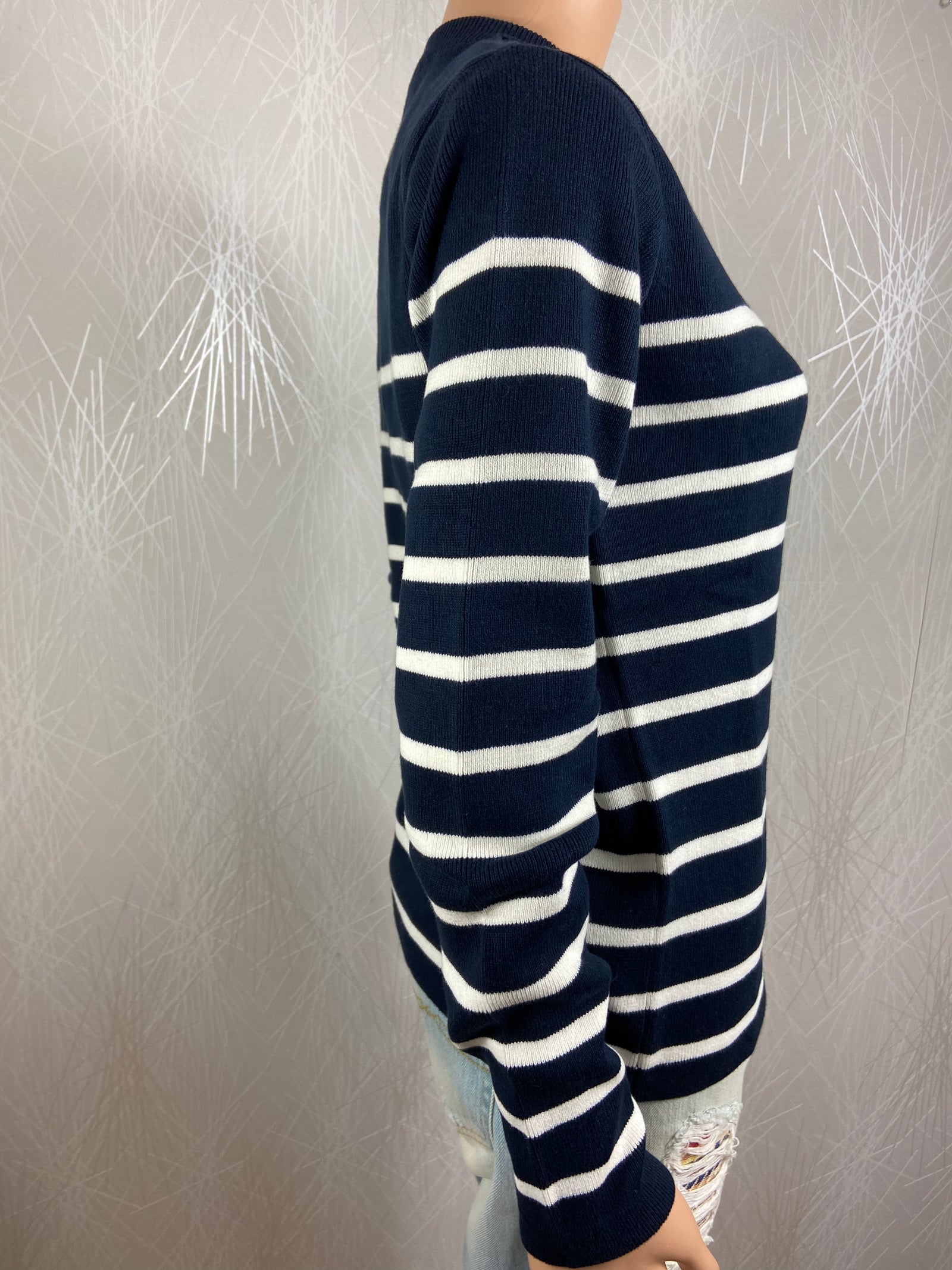 Pull-over coton rayé marine et blanc Modèle Equipière Rue de la Marîne