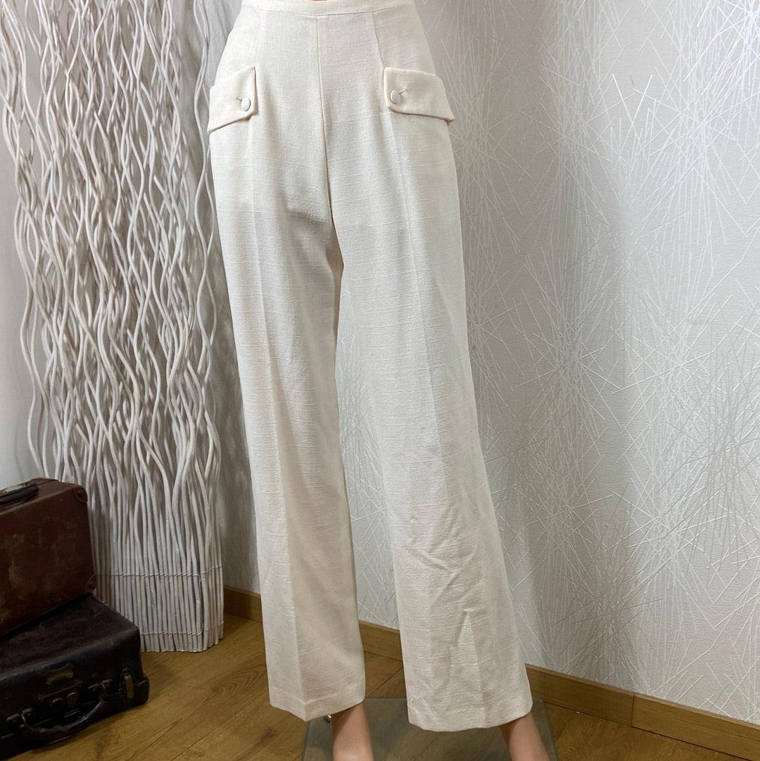 Pantalon blanc fluide léger taille haute jambes larges - Offre-Unique