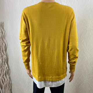 Pull asymétrique jaune moutarde empiècement chemisier blanc Made In Italy