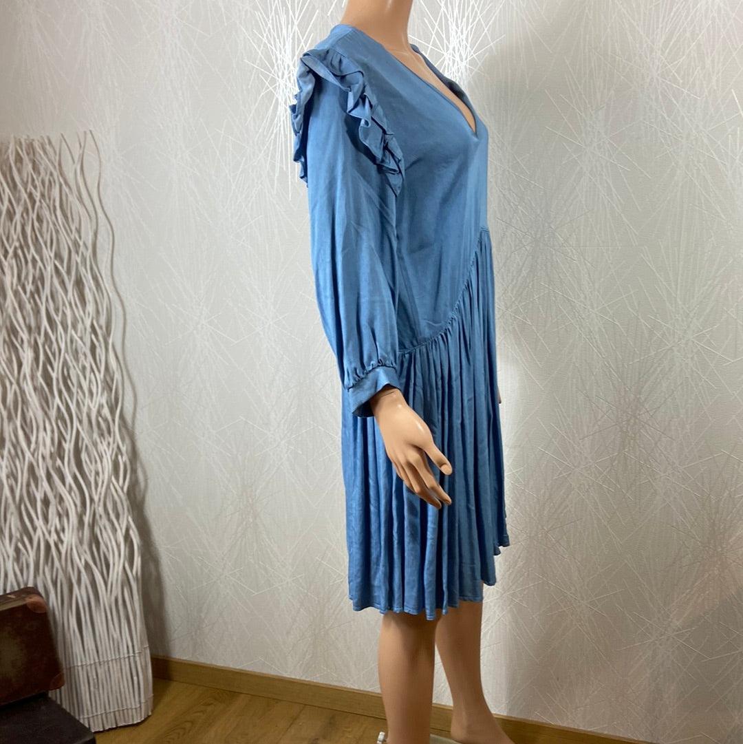 Robe bleue courte plis manches longues col V Edwige Vintage Love - Offre-Unique