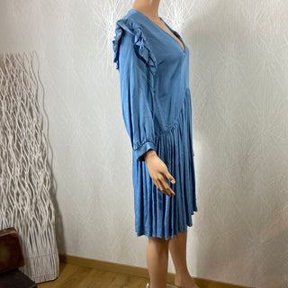 Robe bleue courte plis manches longues col V Edwige Vintage Love