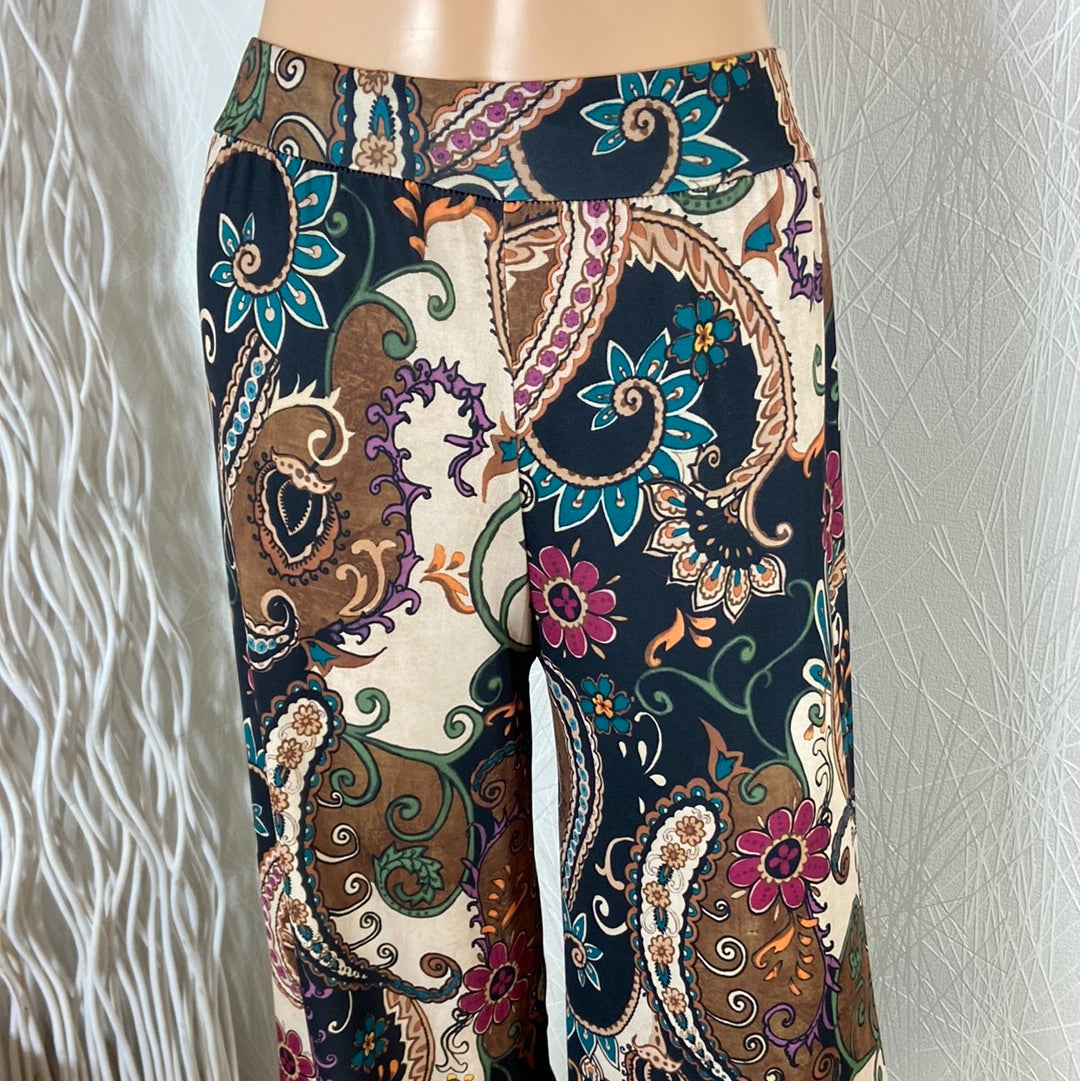 Pantalon léger fluide avec fleurs multicolores taille élastique jambes larges Made In Italy