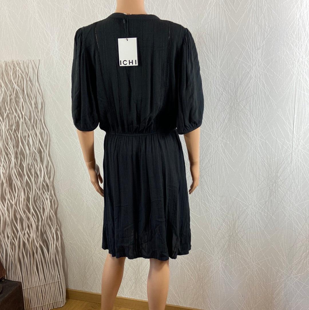 Robe noire fluide manches courtes broderie modèle Ihselis Ichi - Offre-Unique