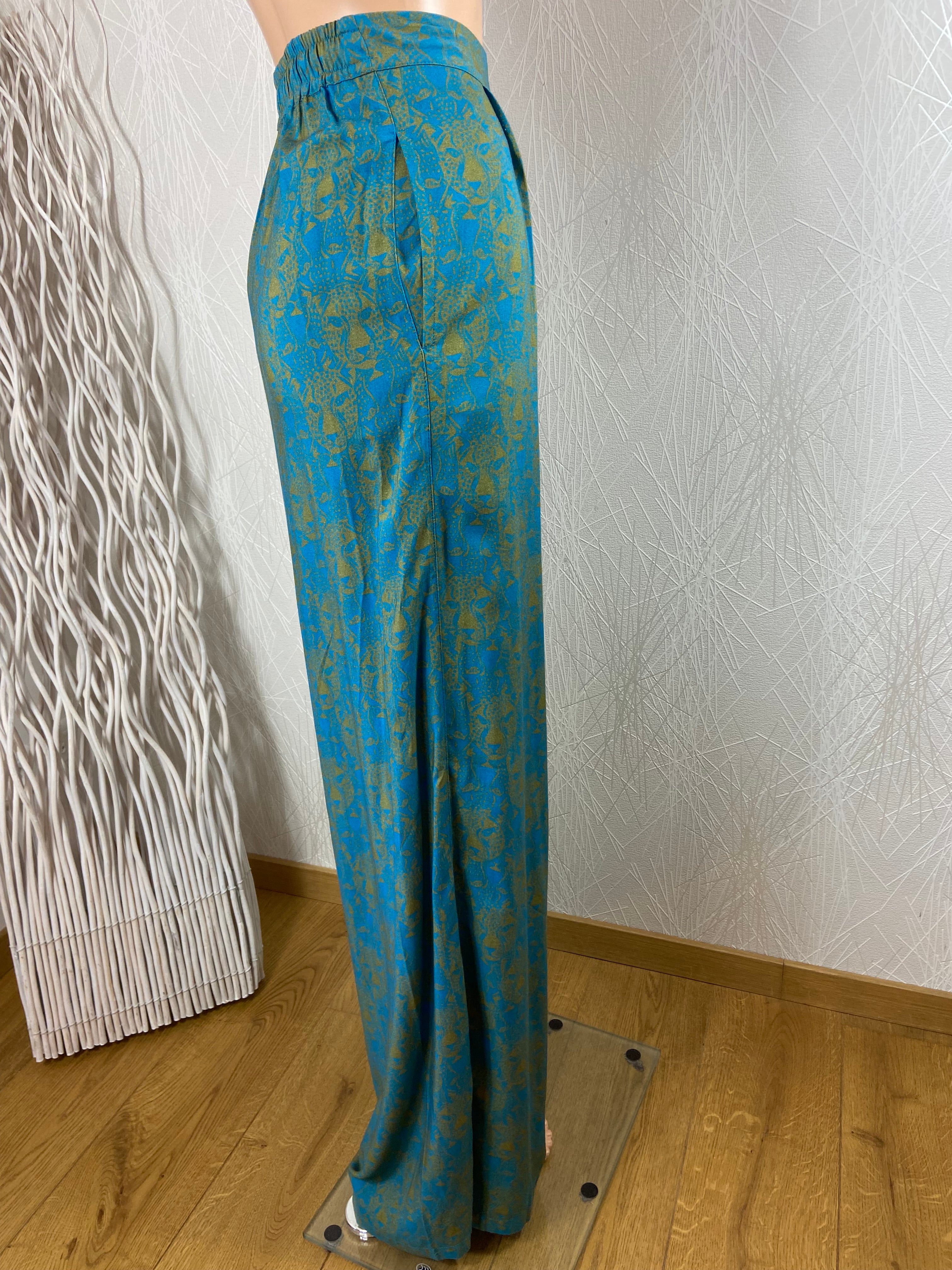 Pantalon bleu turquoise fluide ample motifs dorés taille élastique Zilch 