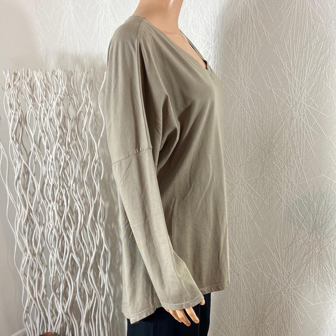 Top ample asymétrique manches longues coton beige col V Made In Italy - Offre-Unique