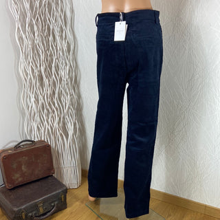 Pantalon coton velours côtelé bleu marine taille haute jambes larges Garance Paris
