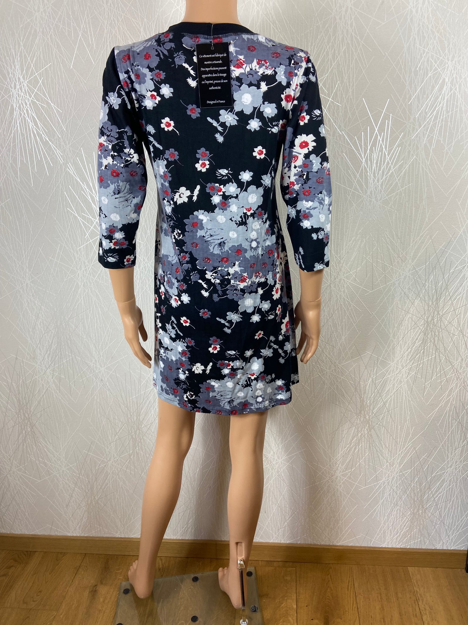 Robe noire en coton motifs fleuris manches 3/4 Aller Simplement