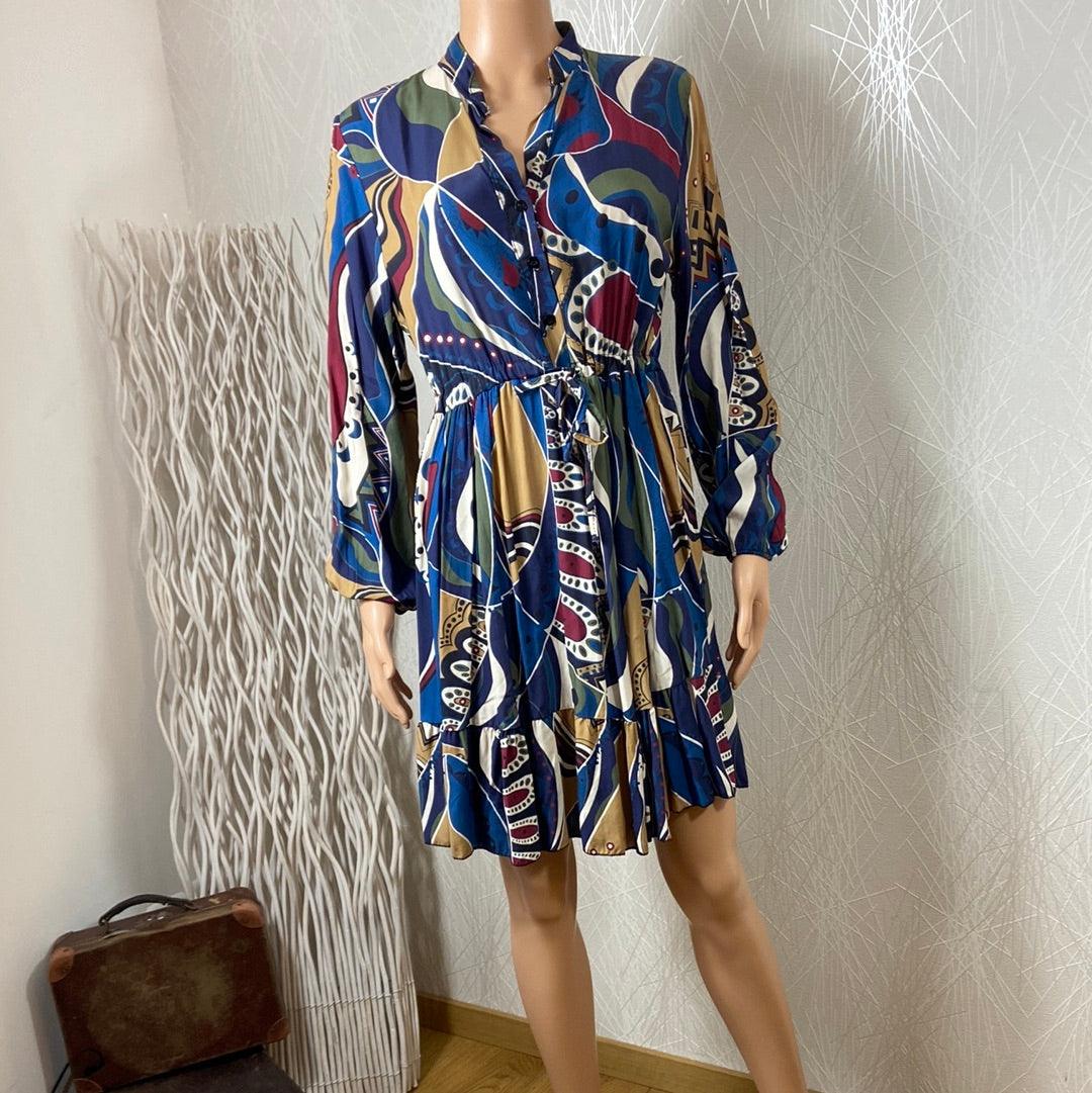 Robe courte cintrée bleu multicolore manches longues Studio Birkin - Offre-Unique