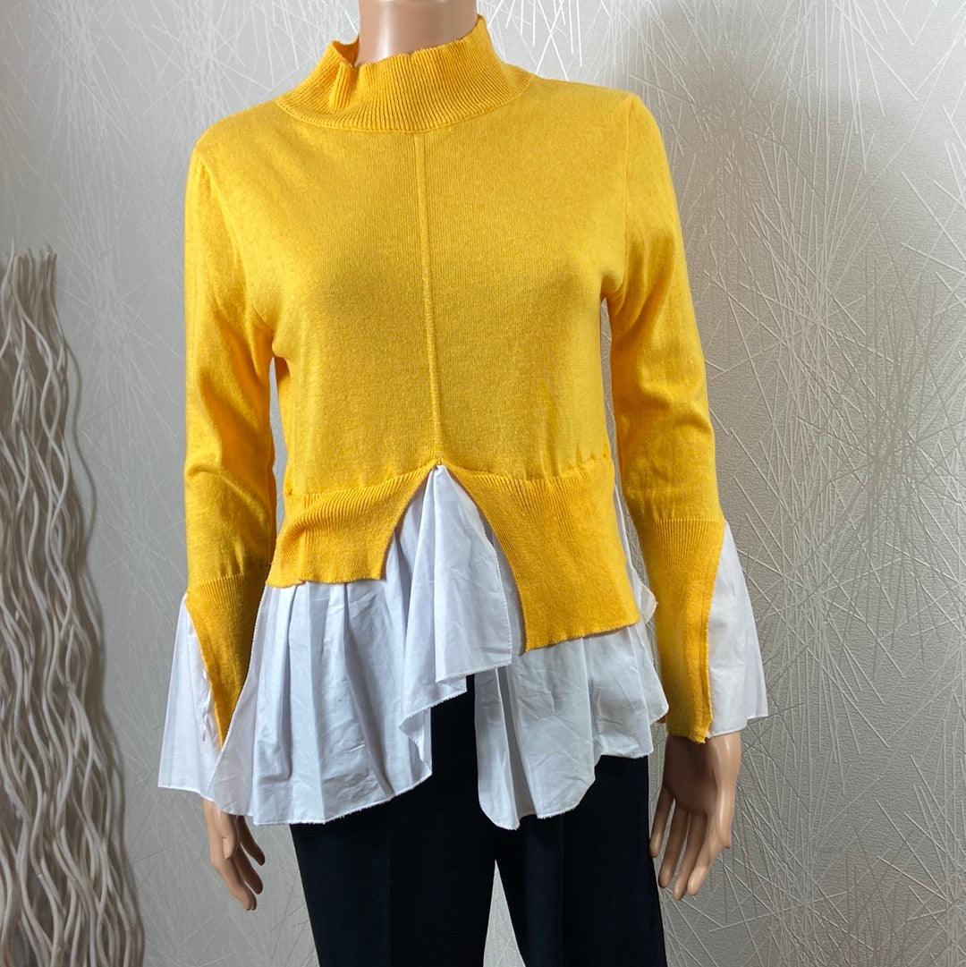 Pull jaune asymétrique col cheminée avec empiècement chemisier blanc Made In Italy - Offre-Unique