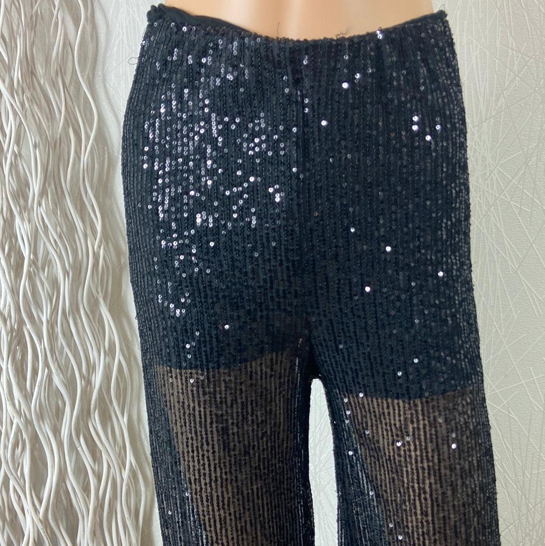 Pantalon transparent noir à sequins fêtes soirée sortie Crème de Bohème - Offre-Unique