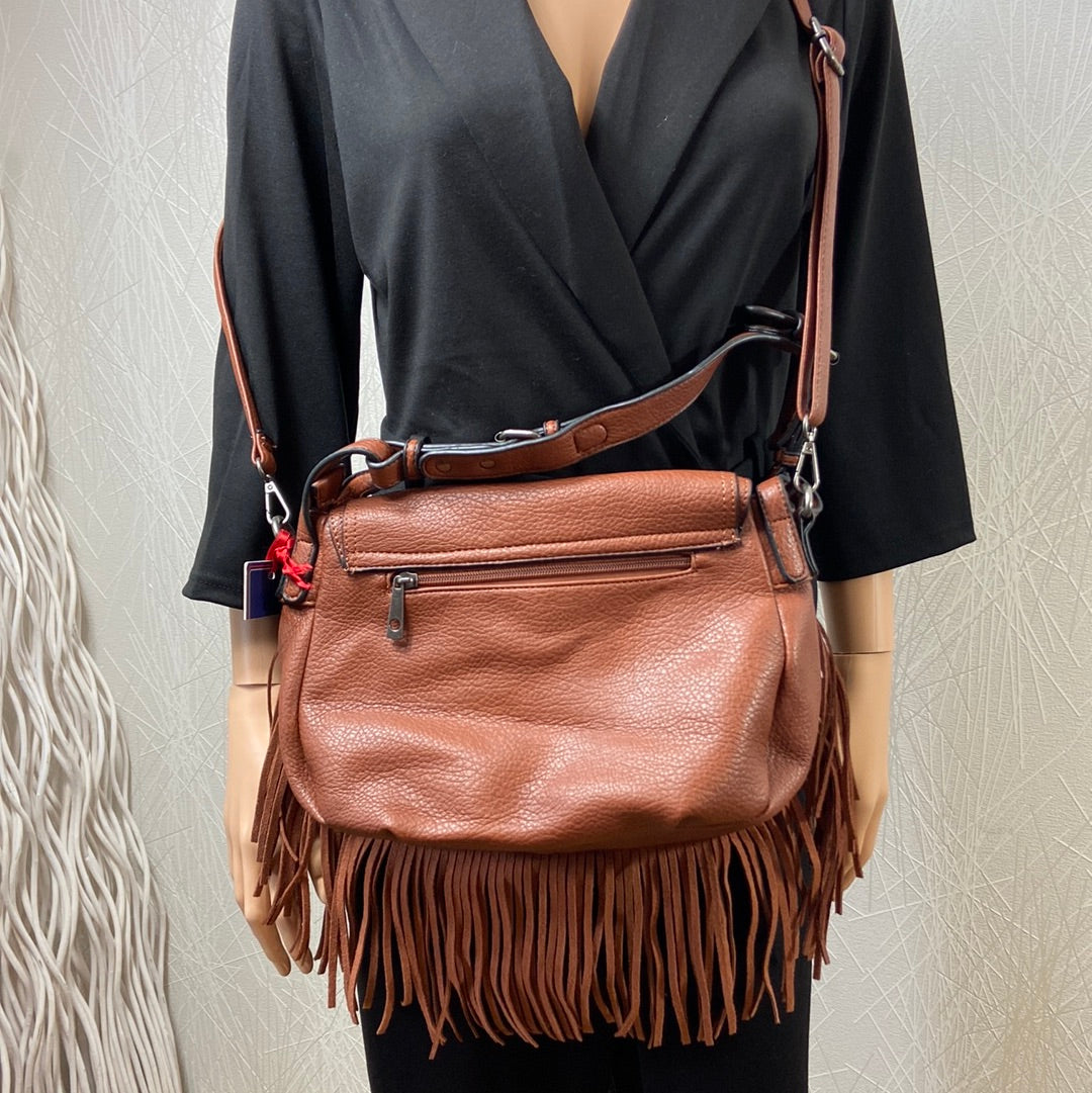 Sac à main marron bandoulière amovible réglable franges cuir synthétique