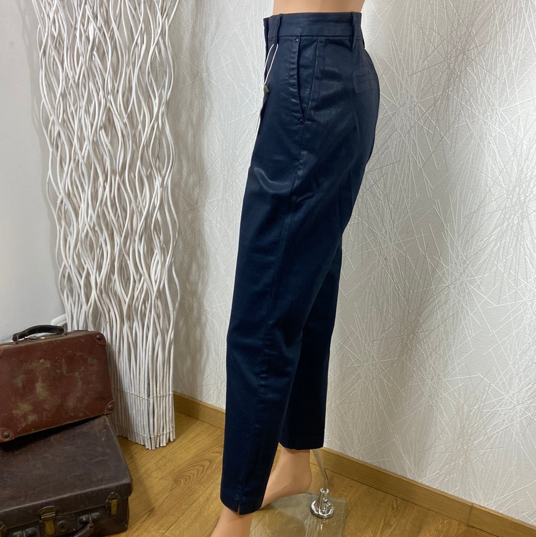 Pantalon femme coton enduit bleu marine taille haute coupe droite C’est Beau la Vie