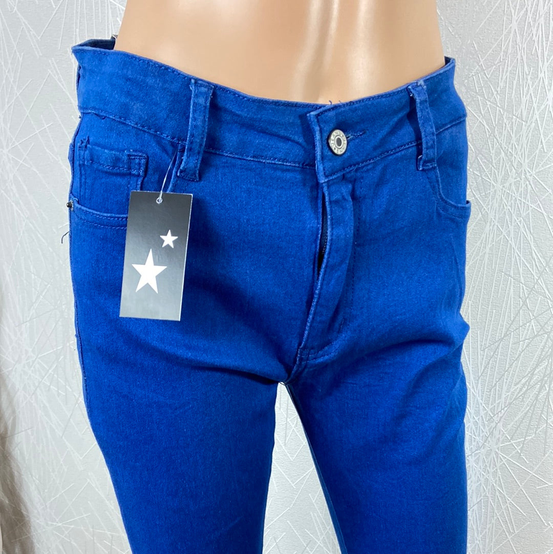 Jeans coton bleu stretch flare taille haute Chic Bonbon