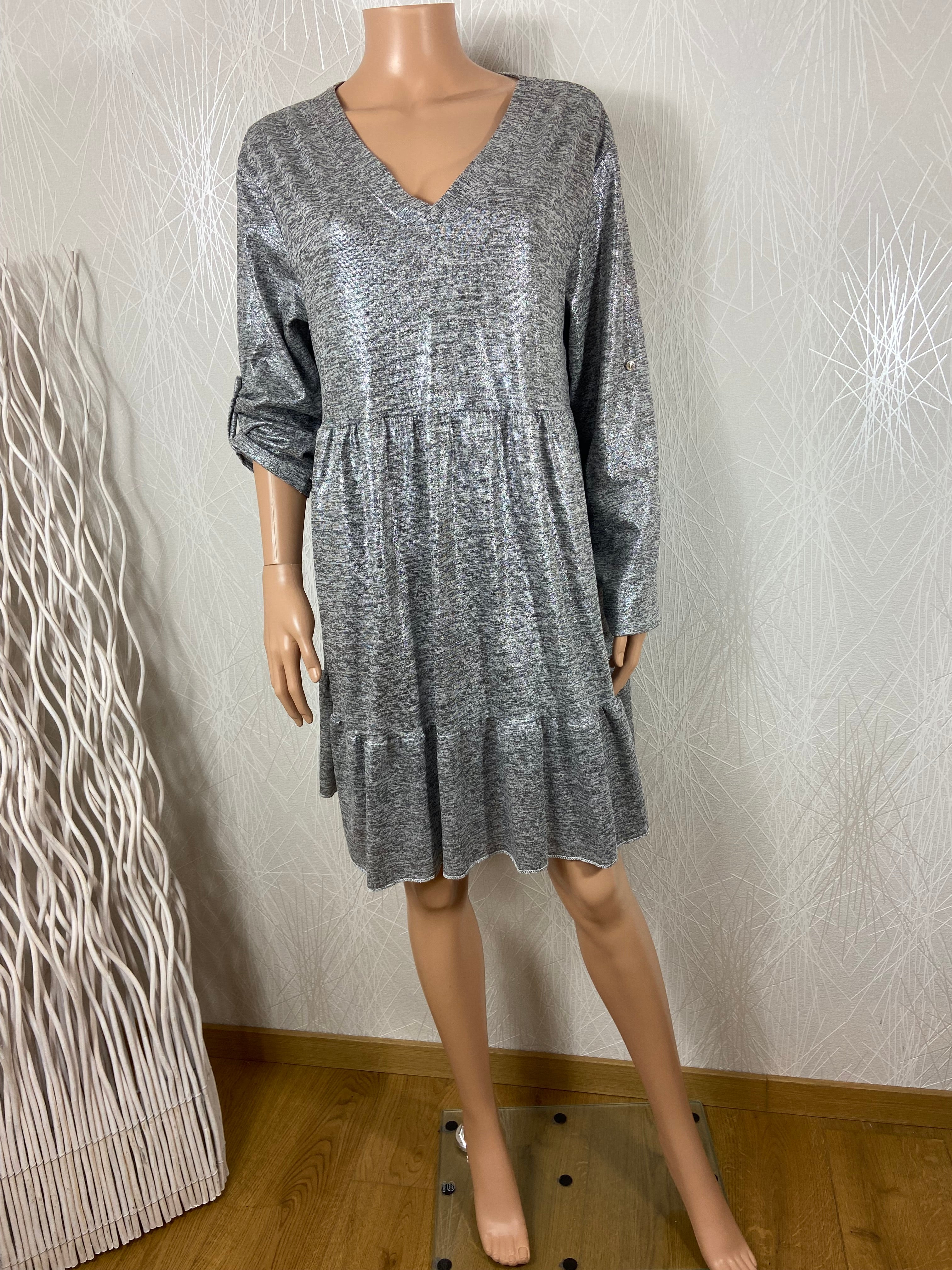 Robe plissée gris argenté manches longues grande taille Made In Italy