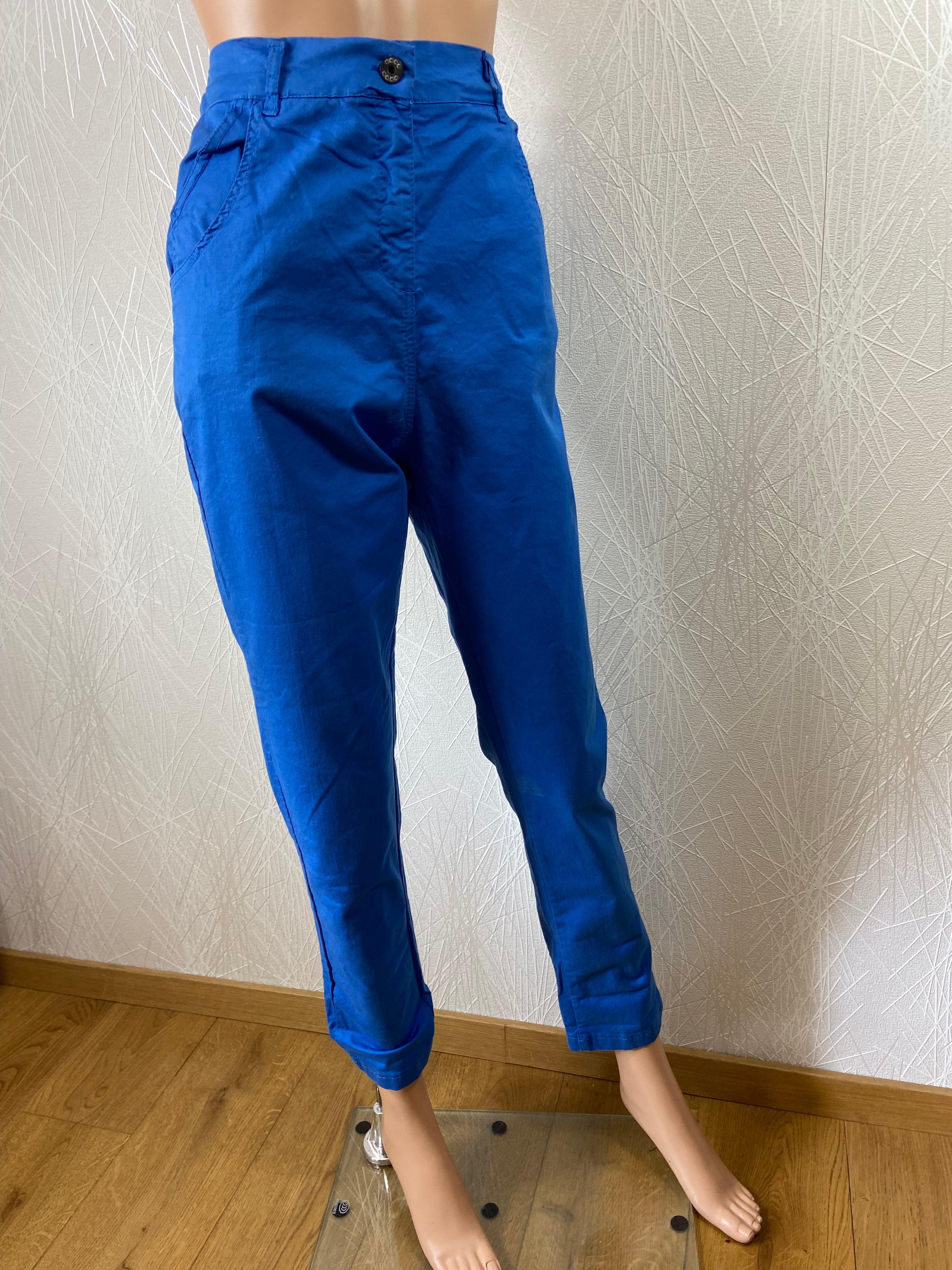 Pantalon léger coton stretch bleu taille haute élastique au dos Terra Di Siena